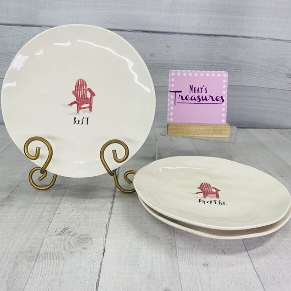 Rae Dunn Magenta SIT AND RELAX Red Beach Chairs Word Melamine Salad Plate Set 3 - Picture 1 of 12